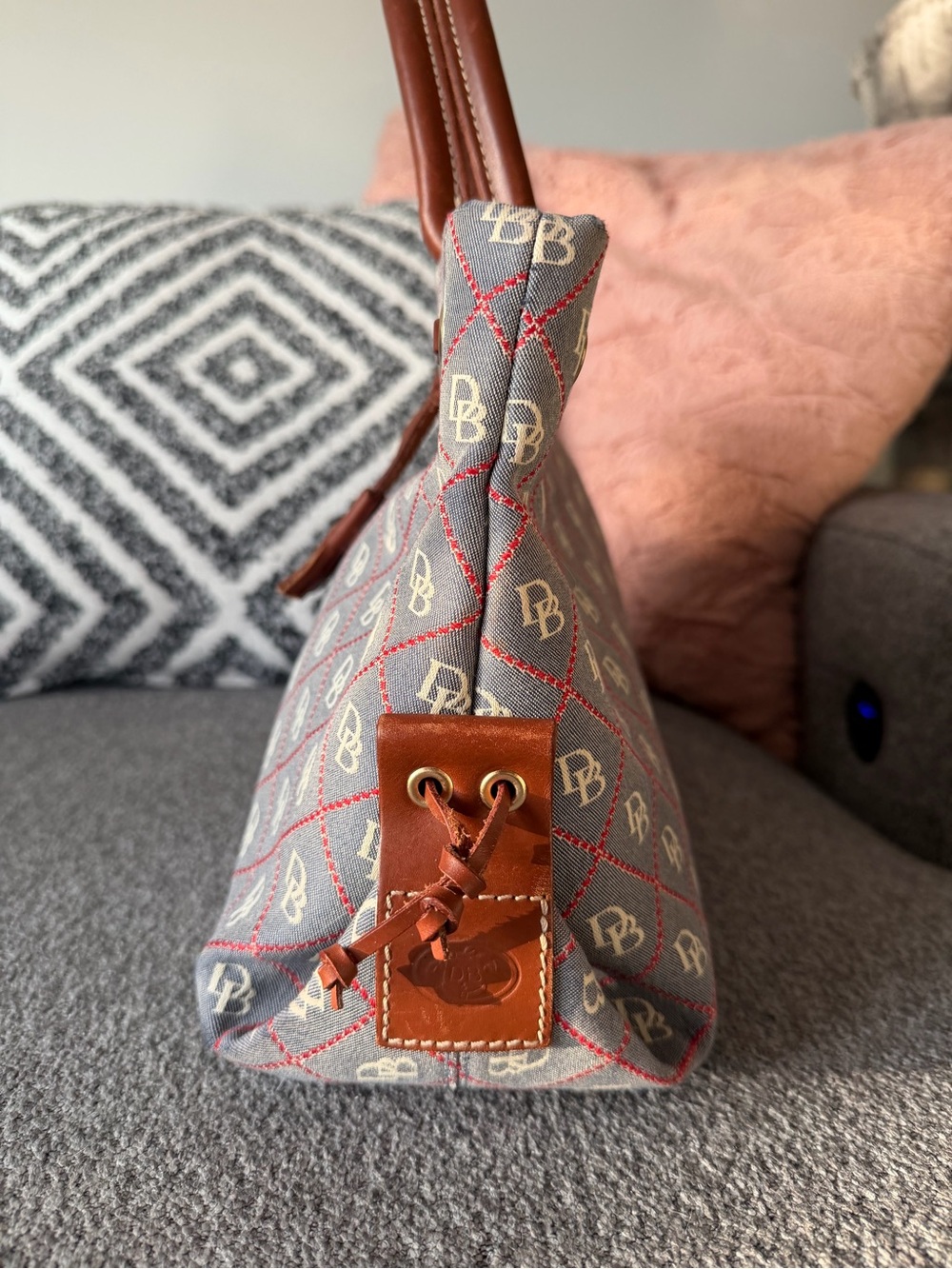 Dooney and Bourke Monogrammed Pattern Gray and Brown Tote Bag with Tassel - Picture 4 of 8